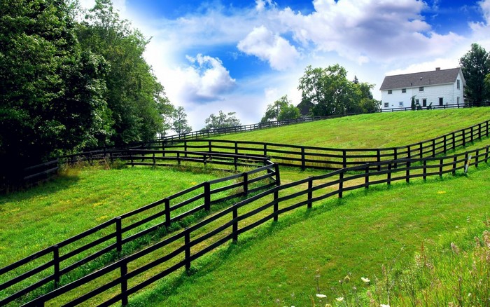 Green rolling hills with a white house and black fence