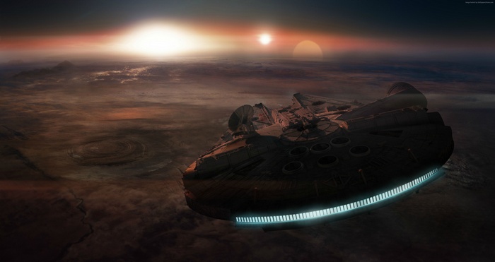 Millennium Falcon over alien planet in Star Wars