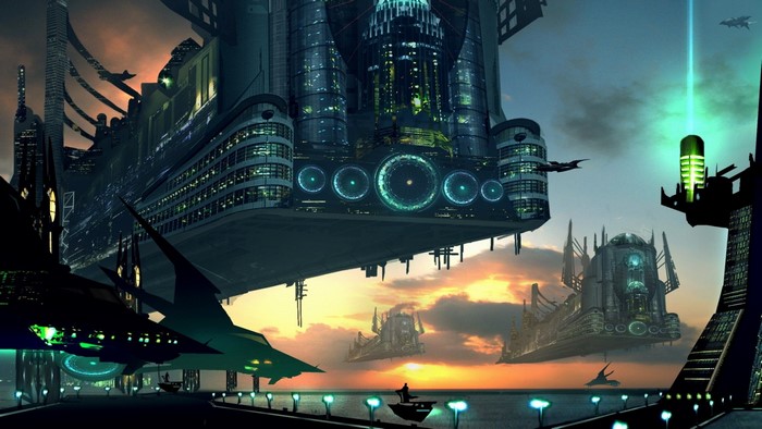 Futuristic city with flying spaceships at sunset