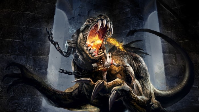 Kratos fighting a chained dragon in God of War III