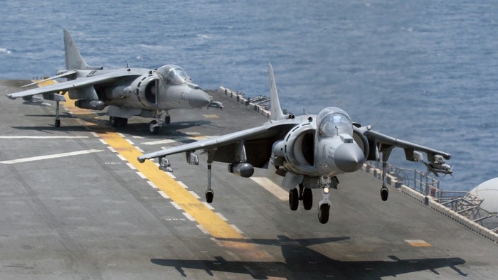 Harrier Fighter Jet Taking Off from Aircraft Carrier