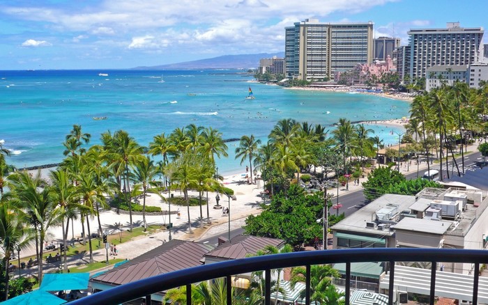 Waikiki Beach, Honolulu, Hawaii with Palm Trees and Hotels