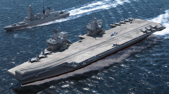 HMS Queen Elizabeth aircraft carrier and destroyer at sea