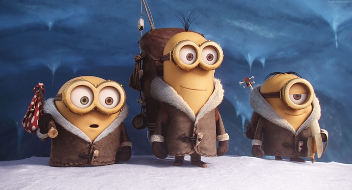 Minions in winter coats in an icy cave
