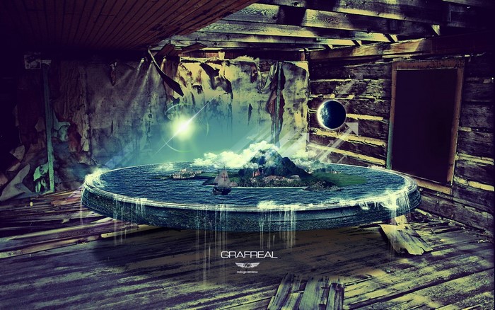 Digital art of a surreal floating island in a derelict room