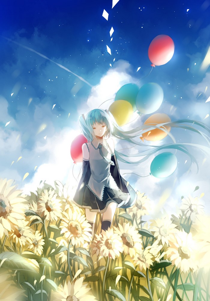 Hatsune Miku with Balloons in Sunflower Field