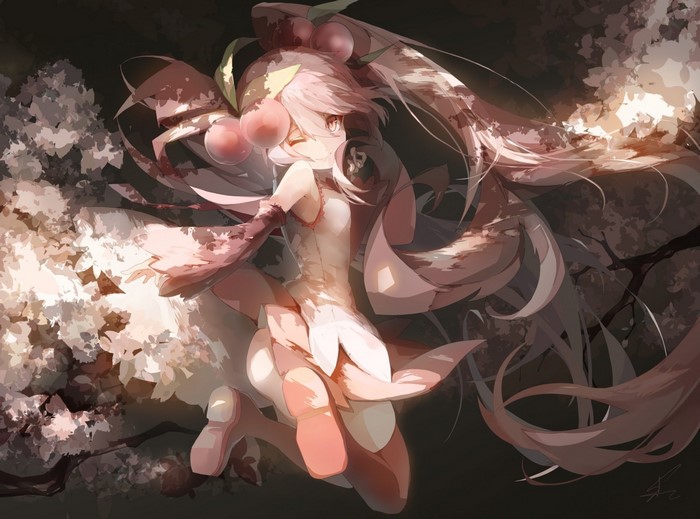 Sakura Miku from Vocaloid with cherry blossoms