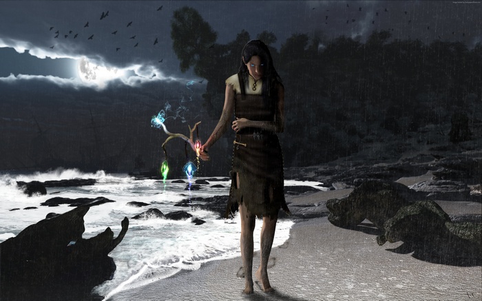 Witch with magical staff on a beach in Path of Exile