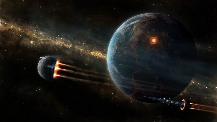 Spaceship near planets and nebula