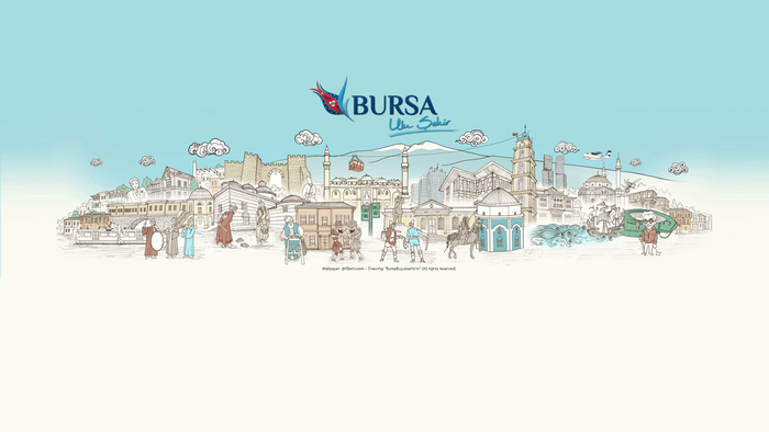 Bursa Ulu Sehir illustration of historical buildings and people