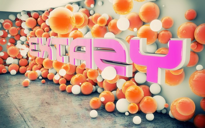 3D render of pink typography surrounded by orange and white balls