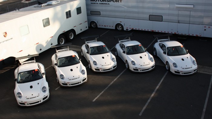 Porsche race cars and trailers