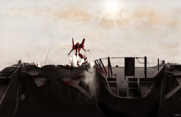 EVA Unit 02 from Neon Genesis Evangelion on a damaged structure