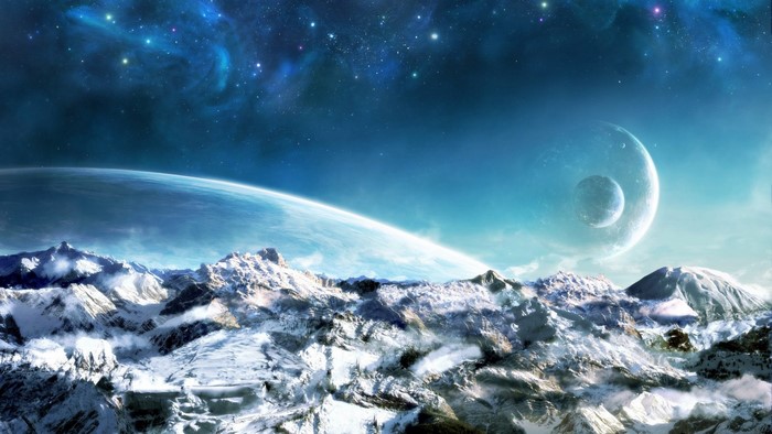 Snowy mountains under a starry sky with planets