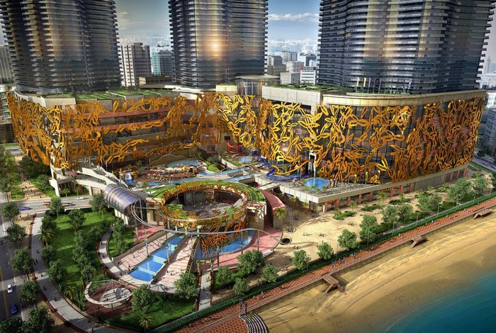 Modern resort with water park and skyscrapers