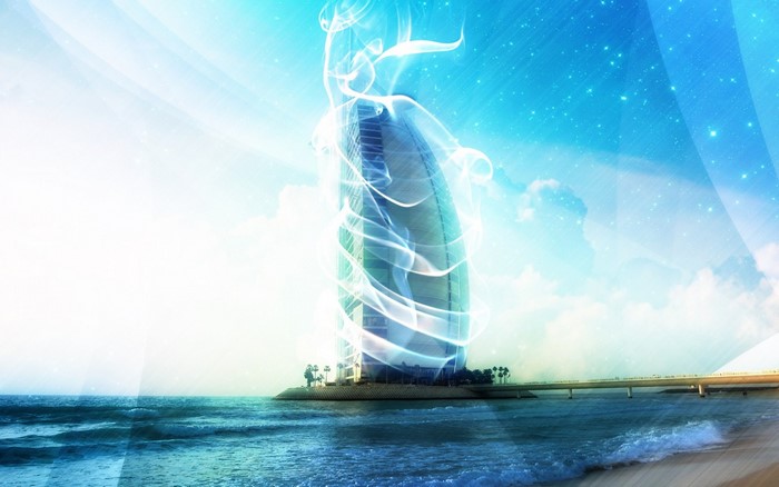 Burj Al Arab with swirling light over the sea