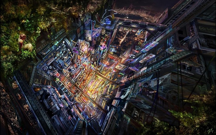 Digital art cityscape at night with neon lights