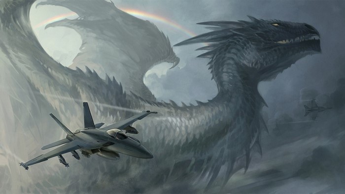 Dragon and F/A-18 Hornets in a cloudy sky with a rainbow