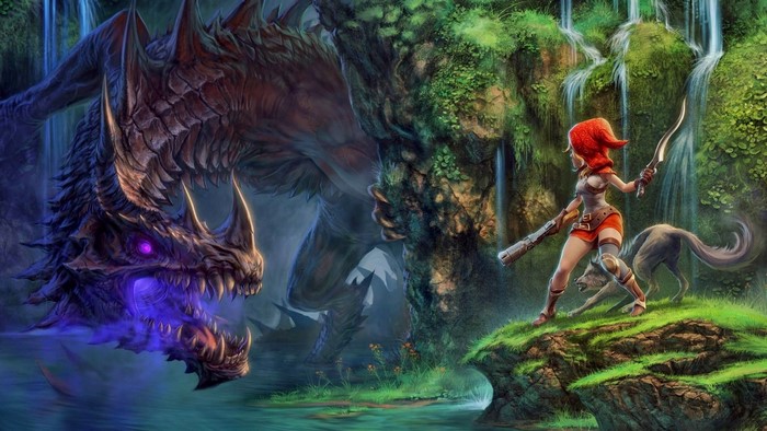 Little Red Riding Hood fighting a dragon with a wolf companion
