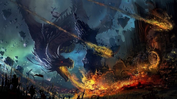 Fantasy art of dragons attacking a city with fire