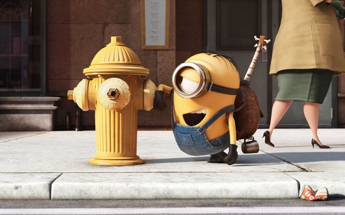Minion leaning on a yellow fire hydrant