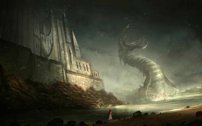 Fantasy castle and sea monster with a girl on the shore