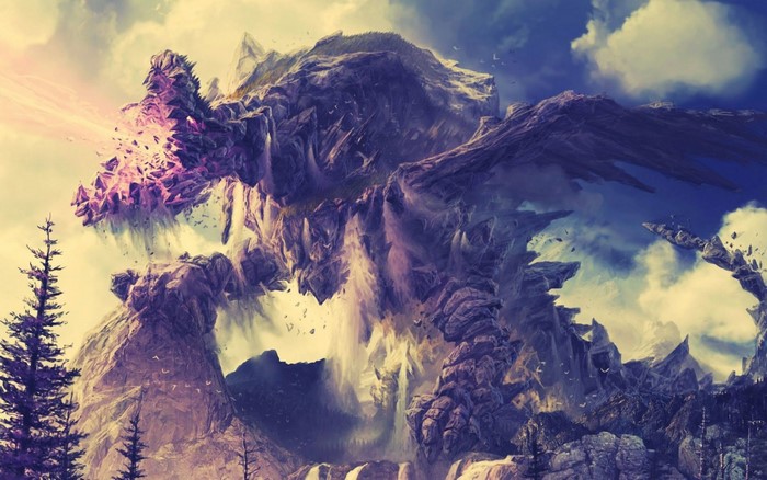 Fantasy mountain creature breathing purple energy