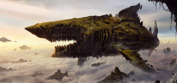 Giant shark-shaped island floating in the clouds
