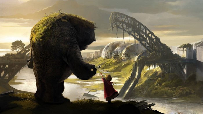 Girl and moss-covered creature in post-apocalyptic landscape
