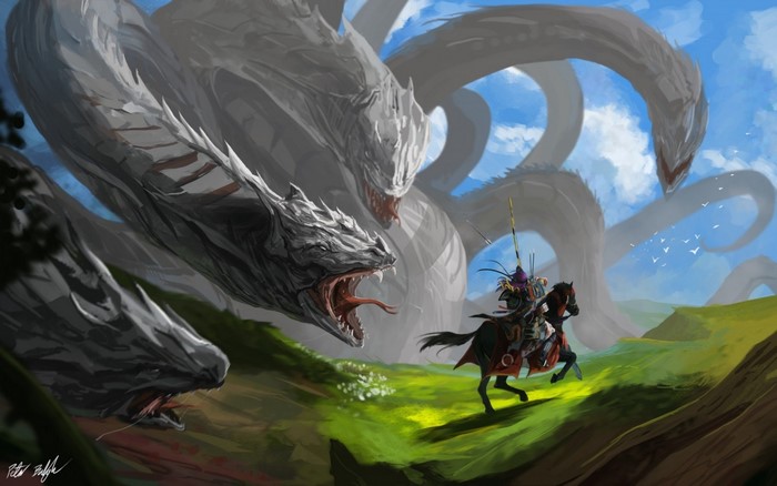 Knight on horseback battles a multi-headed dragon