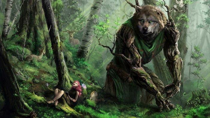 Werewolf guardian in a mystical forest with deer and a fairy