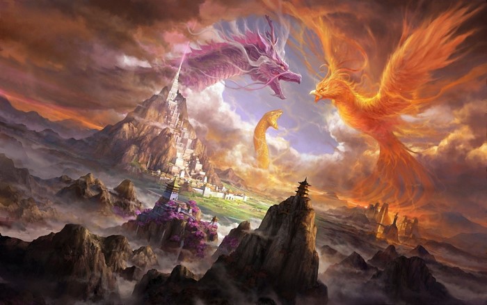 Dragon and Phoenix in a mystical mountain landscape