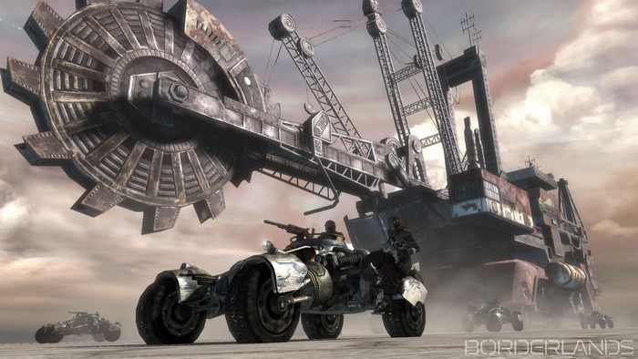 Borderlands screenshot of a large industrial machine and vehicles