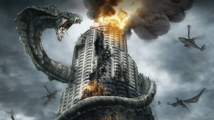 Giant snake attacking a skyscraper with helicopters and dragons