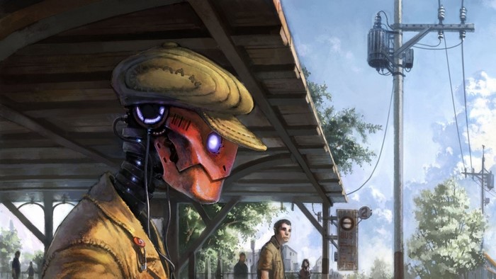 Robot wearing a hat at a bus station