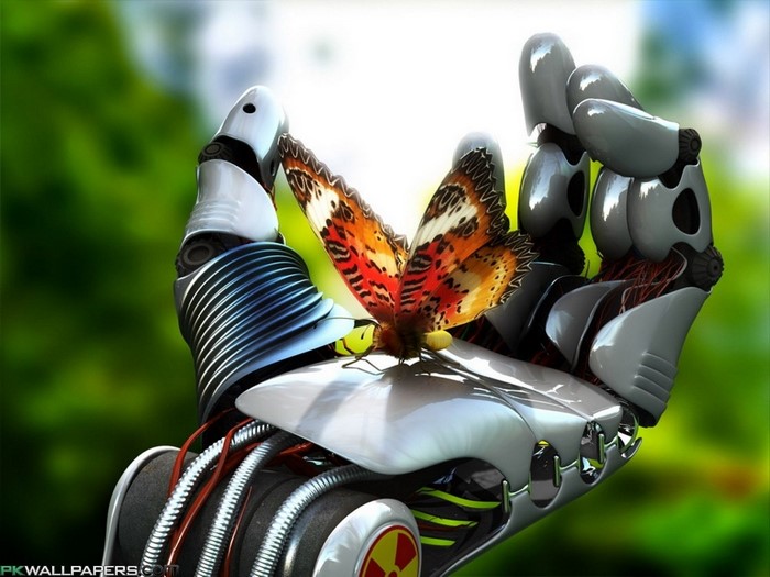 Robot hand holding a butterfly