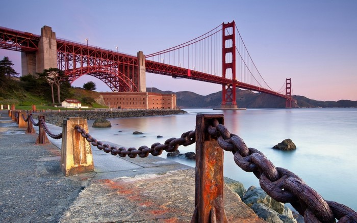 Golden Gate Bridge with chains in foreground