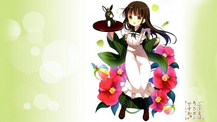 Ujimatsu Chiya from Gochuumon wa Usagi Desu ka with a rabbit figurine