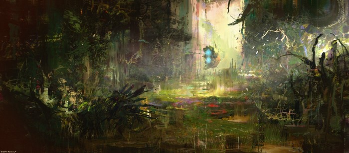 Digital painting of a surreal alien swamp with a spaceship