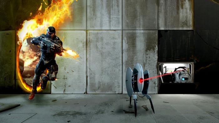 Crysis Nanosuit Soldier firing through Portal 2 portal