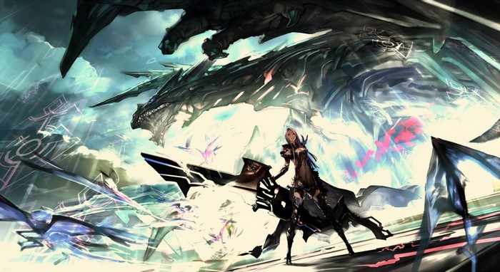 Anime illustration of a woman and a dragon