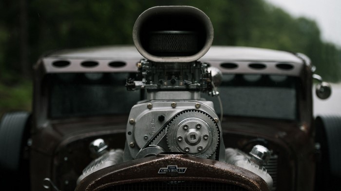 Close-up of a supercharged Chevrolet Hot Rod engine