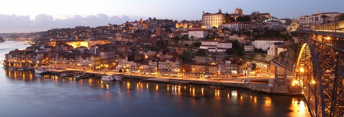 Porto cityscape at dusk with Dom Luís I Bridge