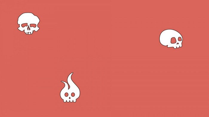 Three white skulls on a red background