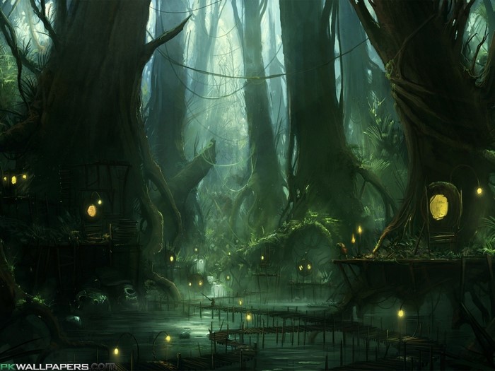 Fantasy swamp with glowing lanterns and treehouses