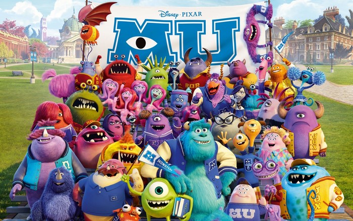 Monsters University characters in front of the MU banner