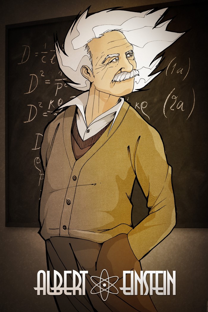 Albert Einstein illustration with equations on blackboard