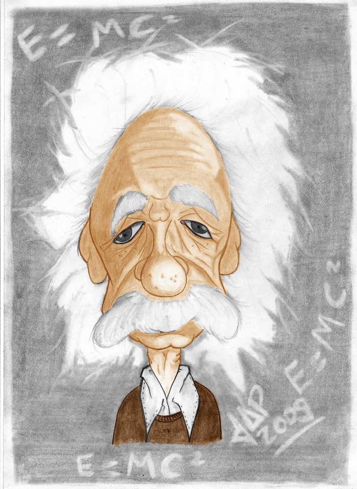 Caricature drawing of Albert Einstein with E=MC^2