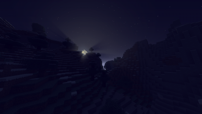 Minecraft landscape at night with moonlight