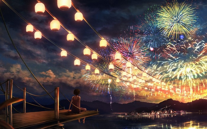 Anime girl watching fireworks from a pier